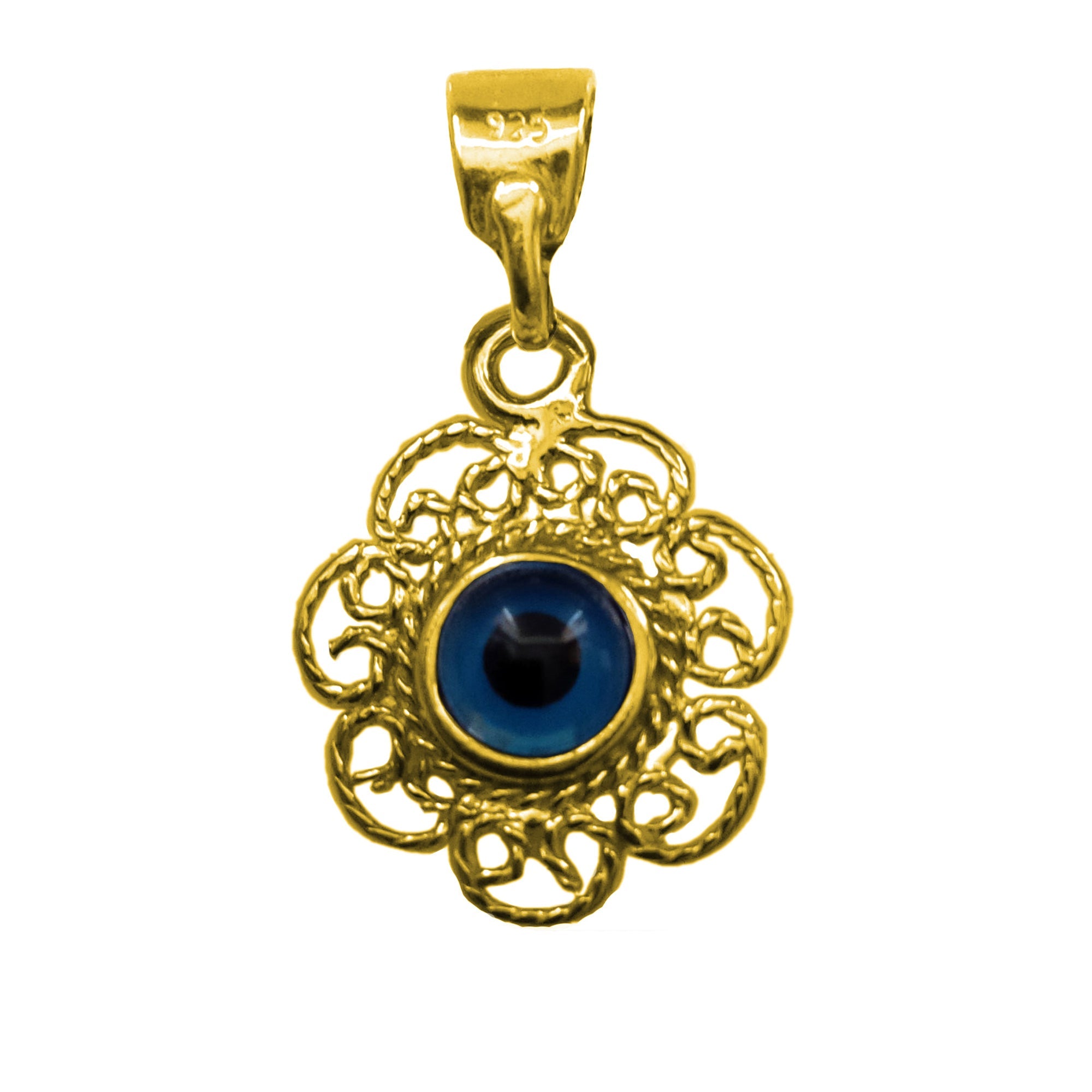 Sterling Silver Filigree Double Sided Evil Eye Pendant Charm 18 Karat Gold Overlay - JewelryAffairs