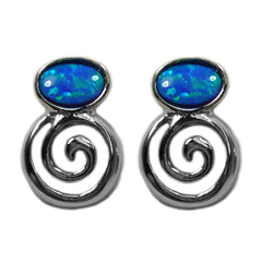 Sterling Silver Greek Spiral Key With Synthetic Opal Earrings, 10 x 14mm