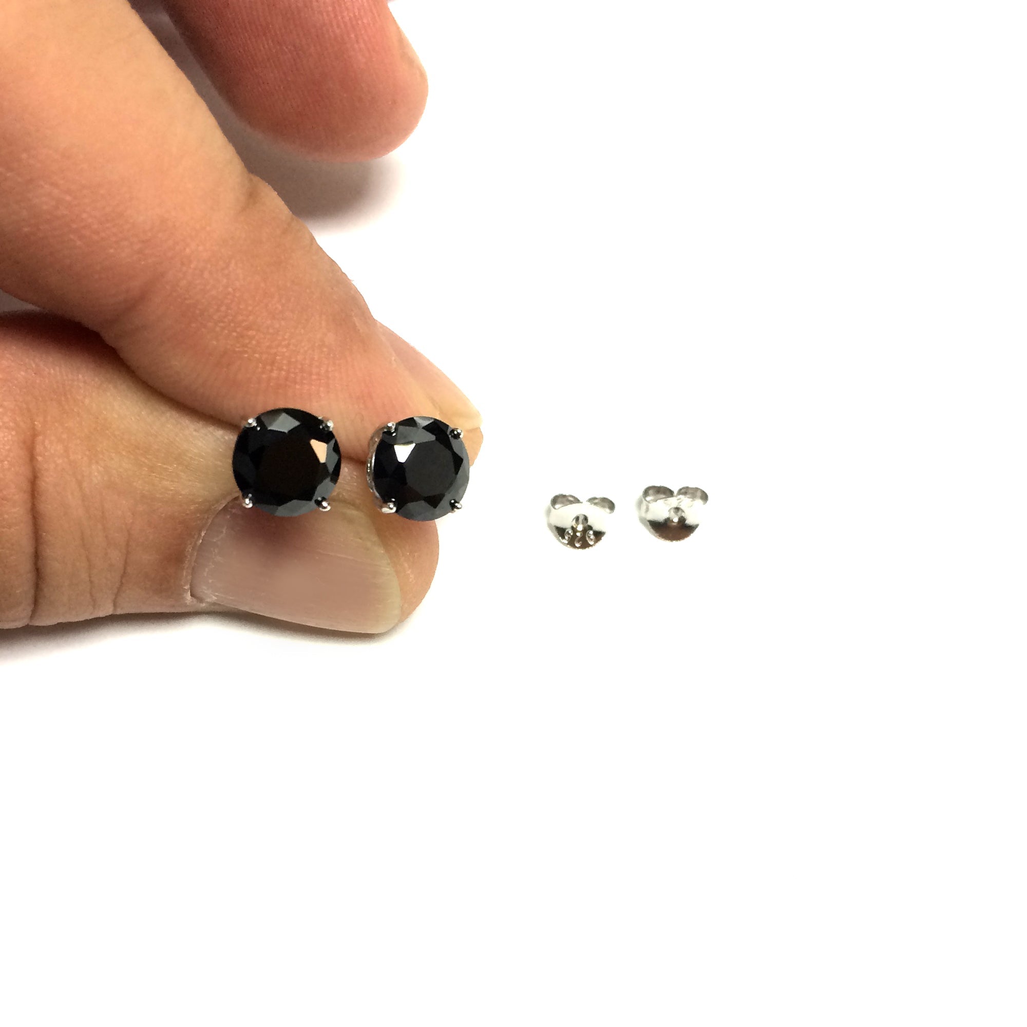 Sterling Silver Rhodium Finish Black Round Cubic Zirconia Stud Earring - JewelryAffairs