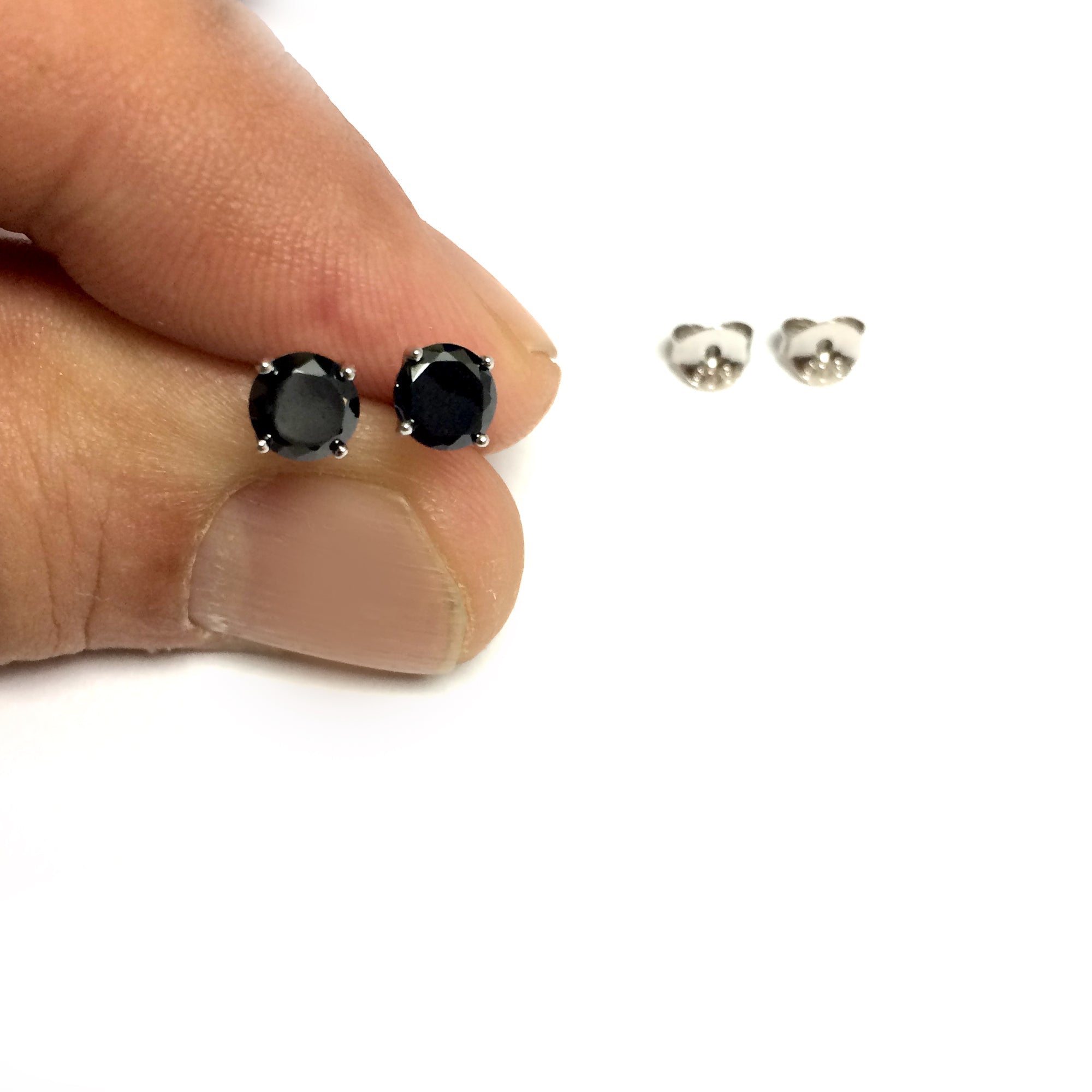 Sterling Silver Rhodium Finish Black Round Cubic Zirconia Stud Earring - JewelryAffairs