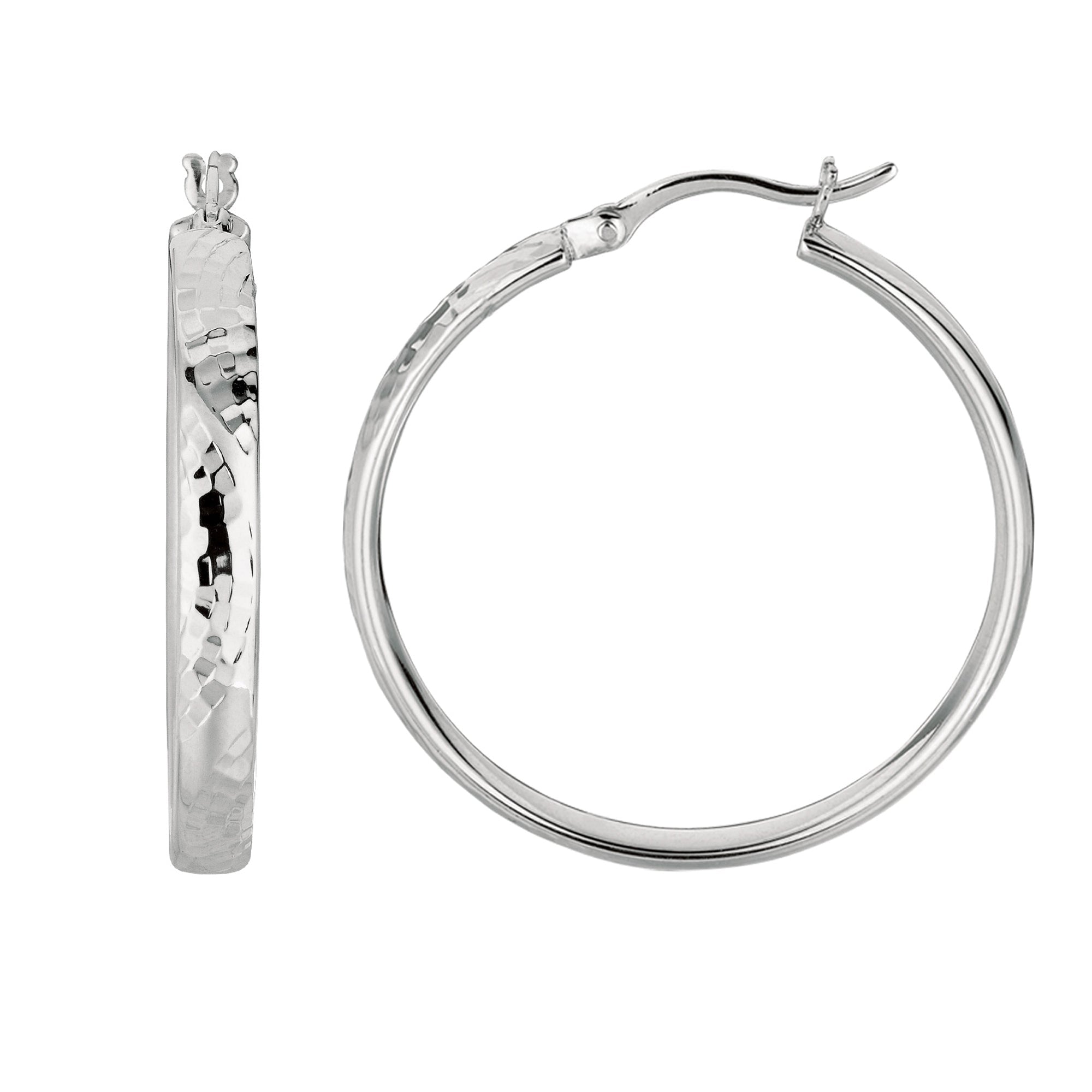 Sterling Silver Rhodium Finish Hammered Finish Hoop Earrings - JewelryAffairs