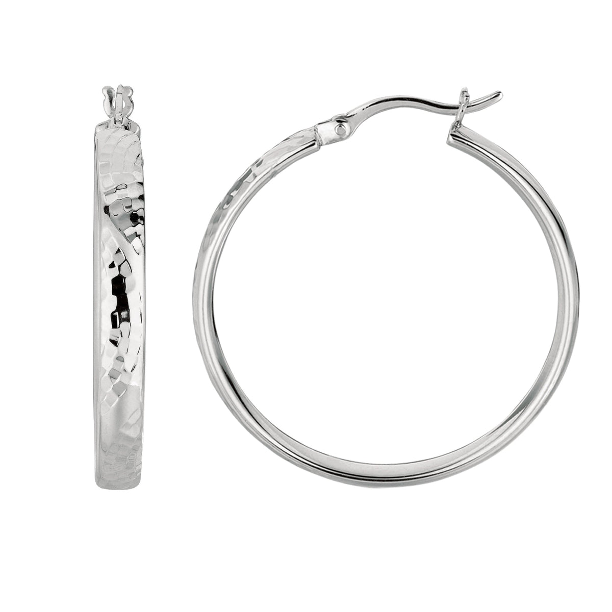 Sterling Silver Rhodium Finish Hammered Finish Hoop Earrings - JewelryAffairs