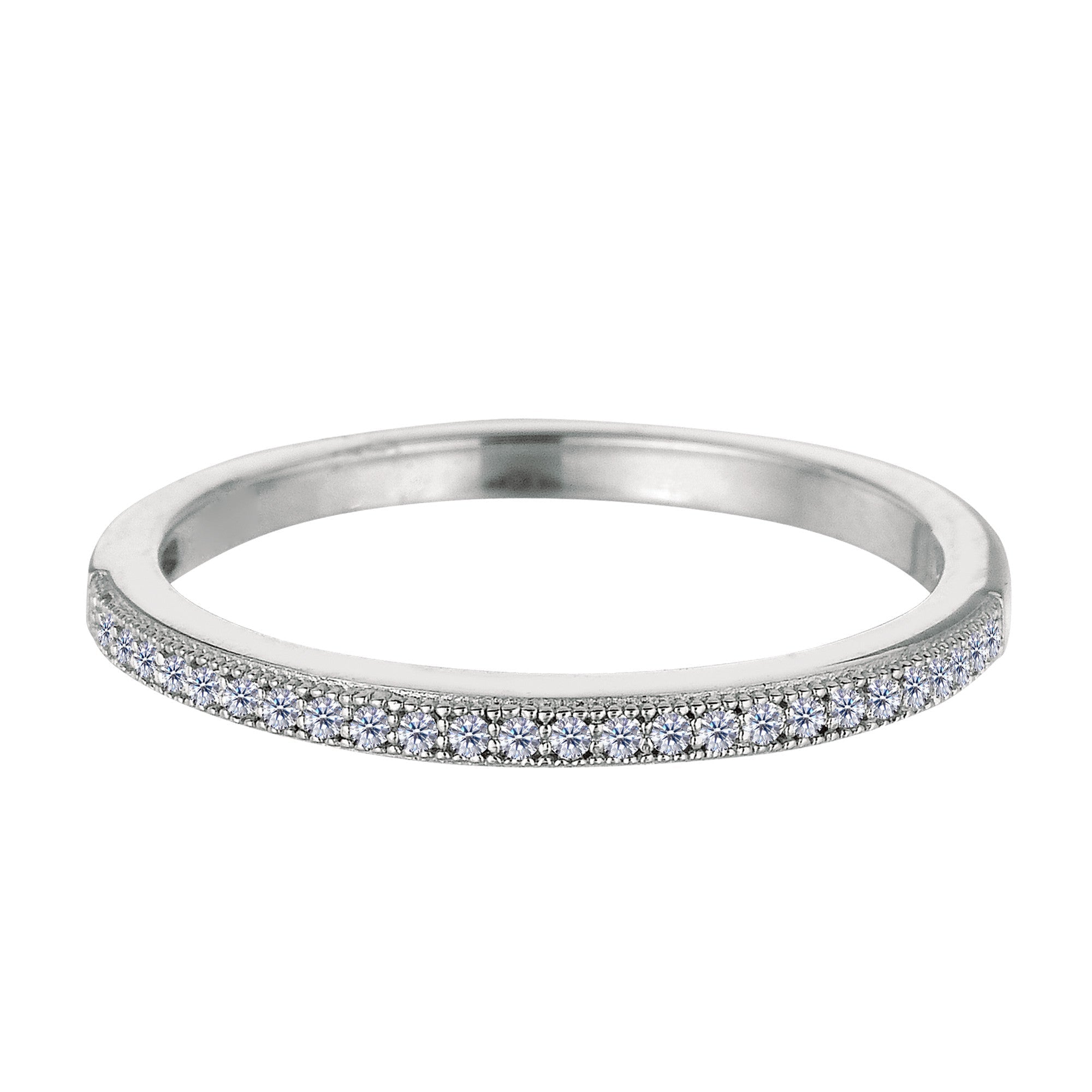Sterling Silver Rhodium Finish Milgrain Stackable Ring With Pave' Set Cz Stones