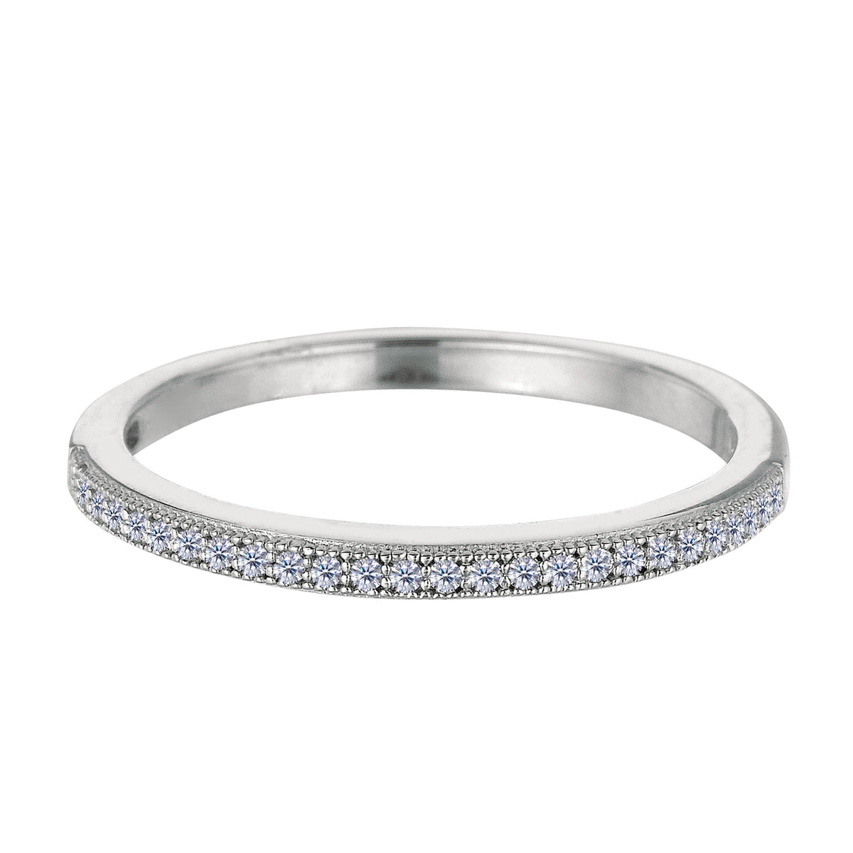 Sterling Silver Rhodium Finish Milgrain Stackable Ring With Pave' Set Cz Stones