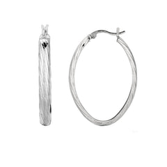 Sterling Silver Rhodium Finish Shiny Textured Finish Oval Hoop Earrings,35mm - JewelryAffairs