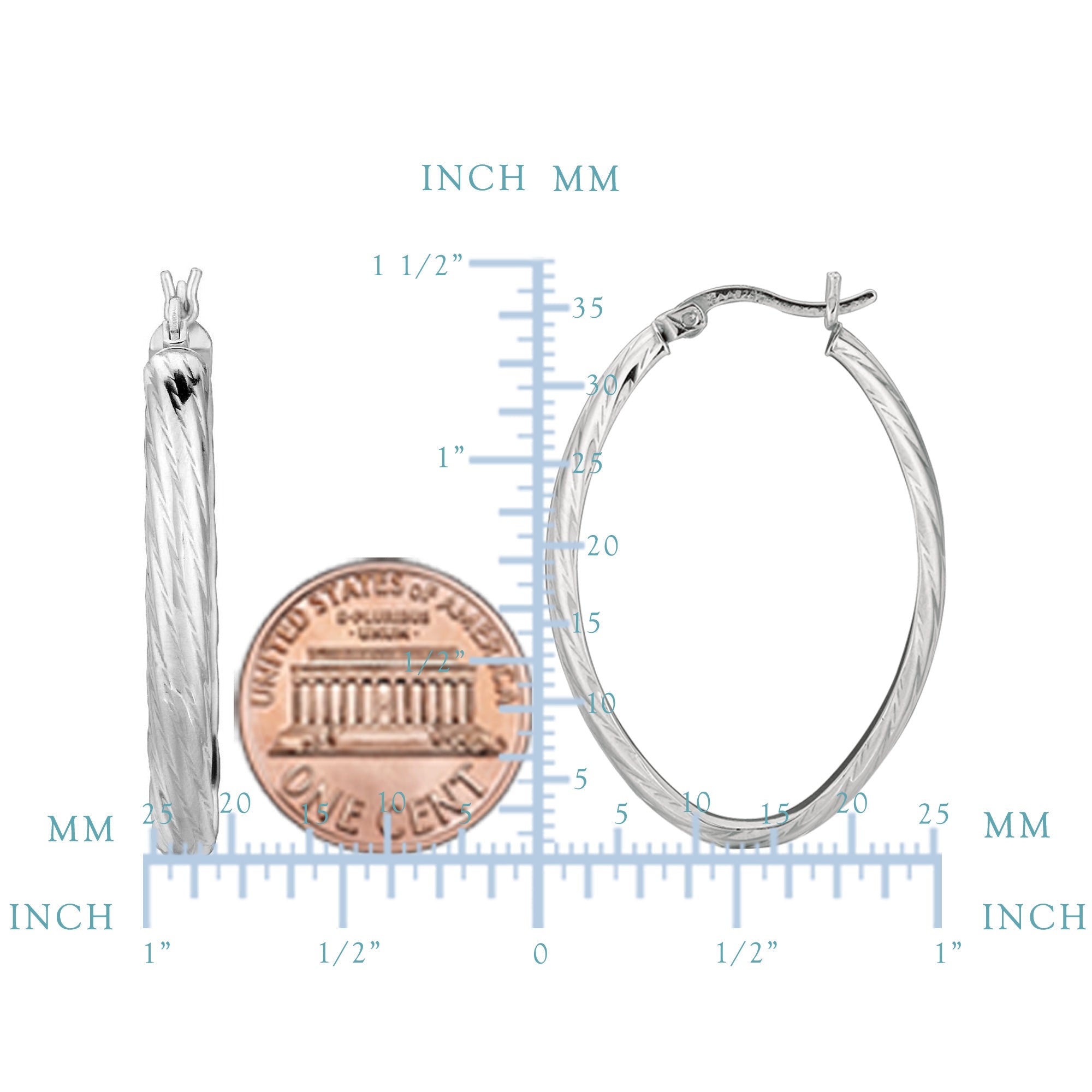 Sterling Silver Rhodium Finish Shiny Textured Finish Oval Hoop Earrings,35mm - JewelryAffairs