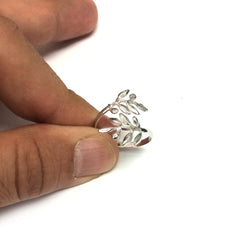 Sterling Silver Rhodium Plated Adjustable Olive Leafs Ring, Size 6