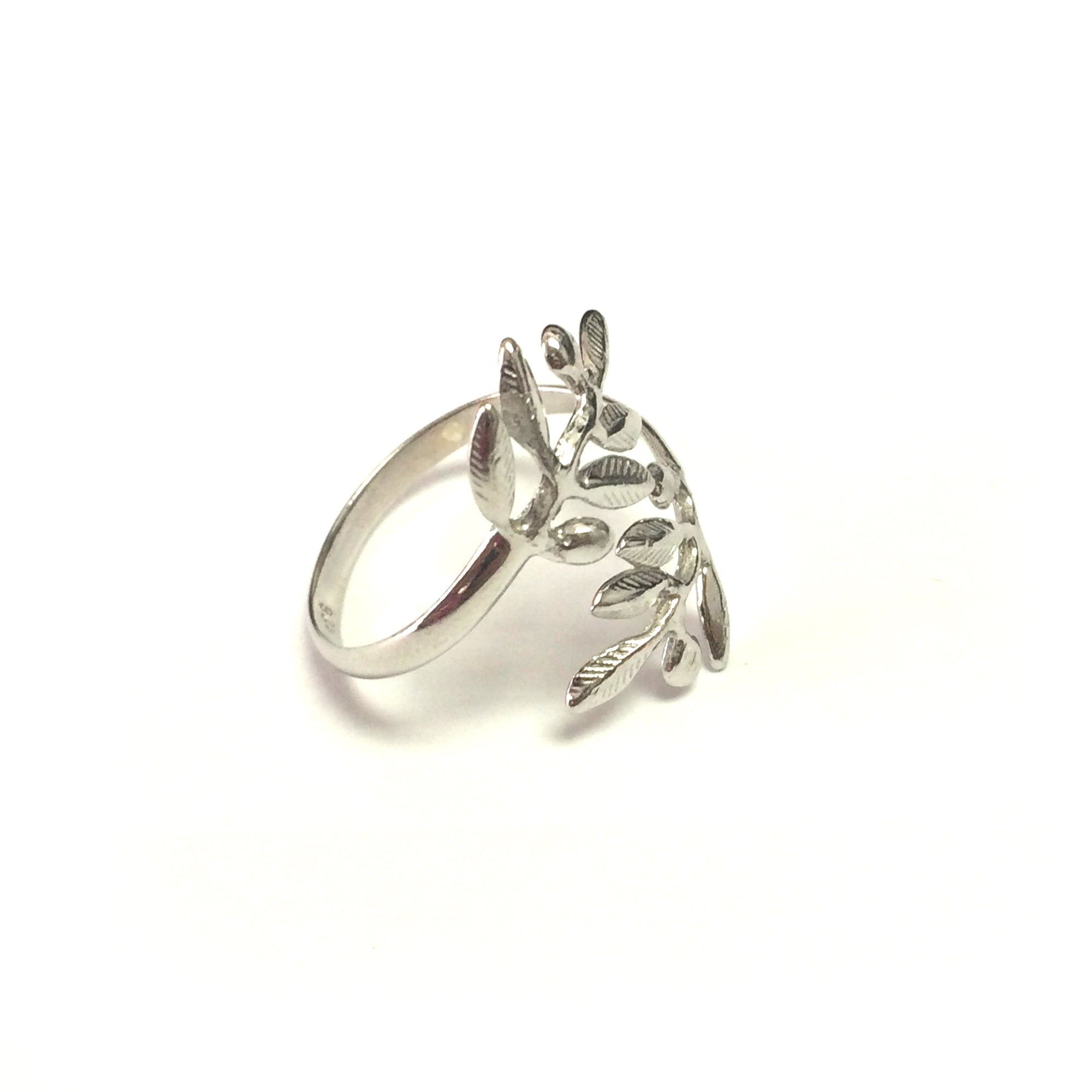 Sterling Silver Rhodium Plated Adjustable Olive Leafs Ring, Size 6