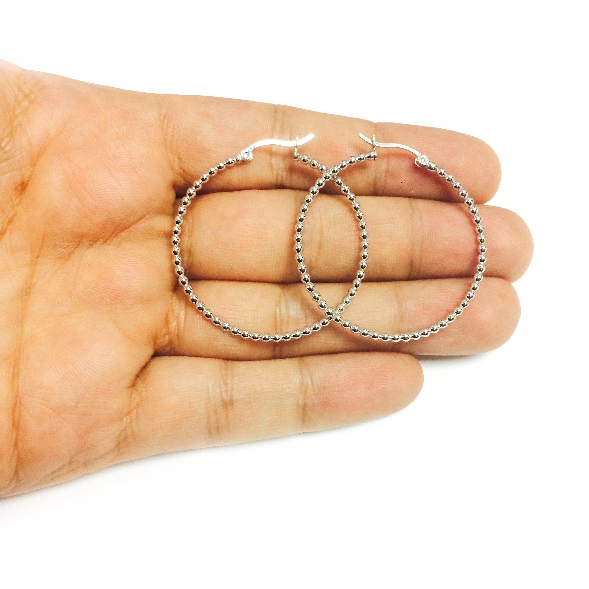 Sterling Silver Rhodium Plated Beaded Tube Round Hoop Earrings - JewelryAffairs