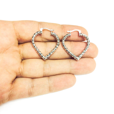 Sterling Silver Rhodium Plated Heart Shape Hoop Earrings, Diameter 25mm