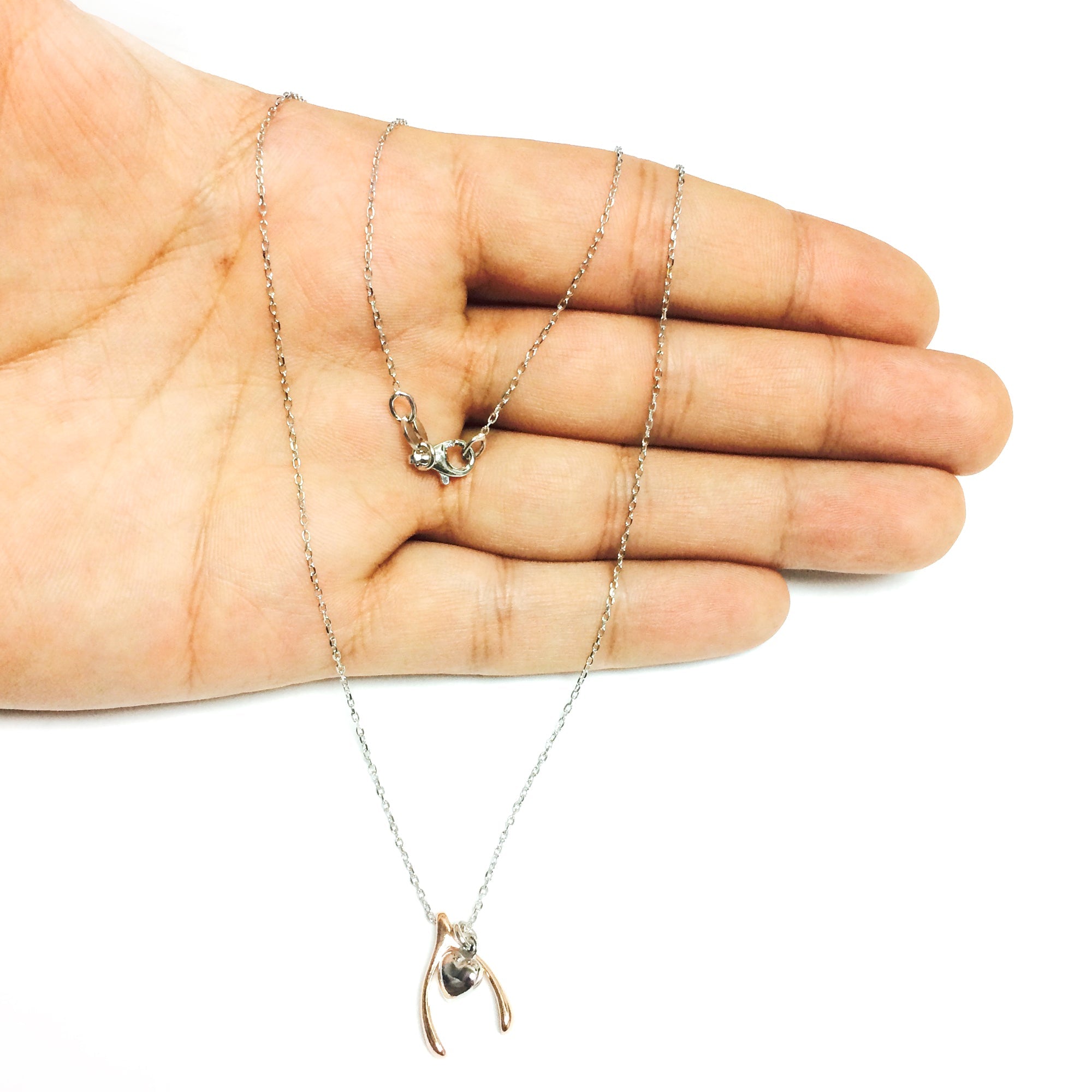 Sterling Silver Rose Finish Wishbone Puffy Heart Necklace, 18" - JewelryAffairs