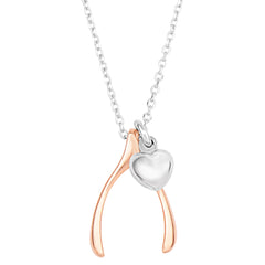 Sterling Silver Rose Finish Wishbone Puffy Heart Necklace, 18" - JewelryAffairs