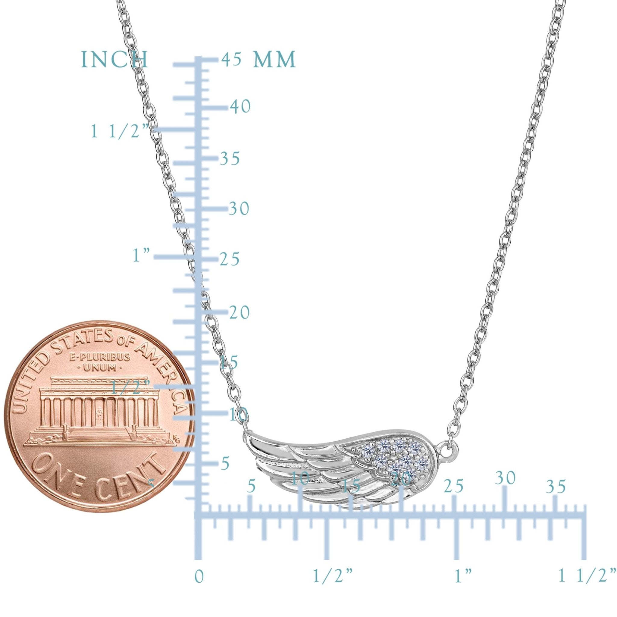 Sterling Silver Sideways Angel Wing Pendant CZ Fashion Necklace, 18"