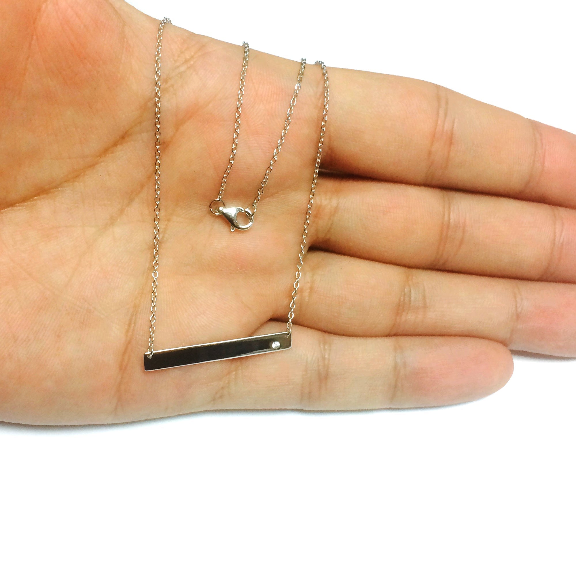Sterling Silver Sideways Engravable Bar Pendant CZ Necklace, 18" - JewelryAffairs