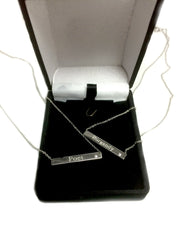Sterling Silver Sideways Engravable Bar Pendant CZ Necklace, 18" - JewelryAffairs