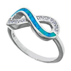 Sterling Silver With Rhodium Finish Infinity Design With Cz And Created Opal Ring - JewelryAffairs