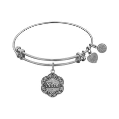 Stipple Finish Brass Mom On 7 Leaf Flower Like Charm Angelica Bangle Bracelet, 7.25"