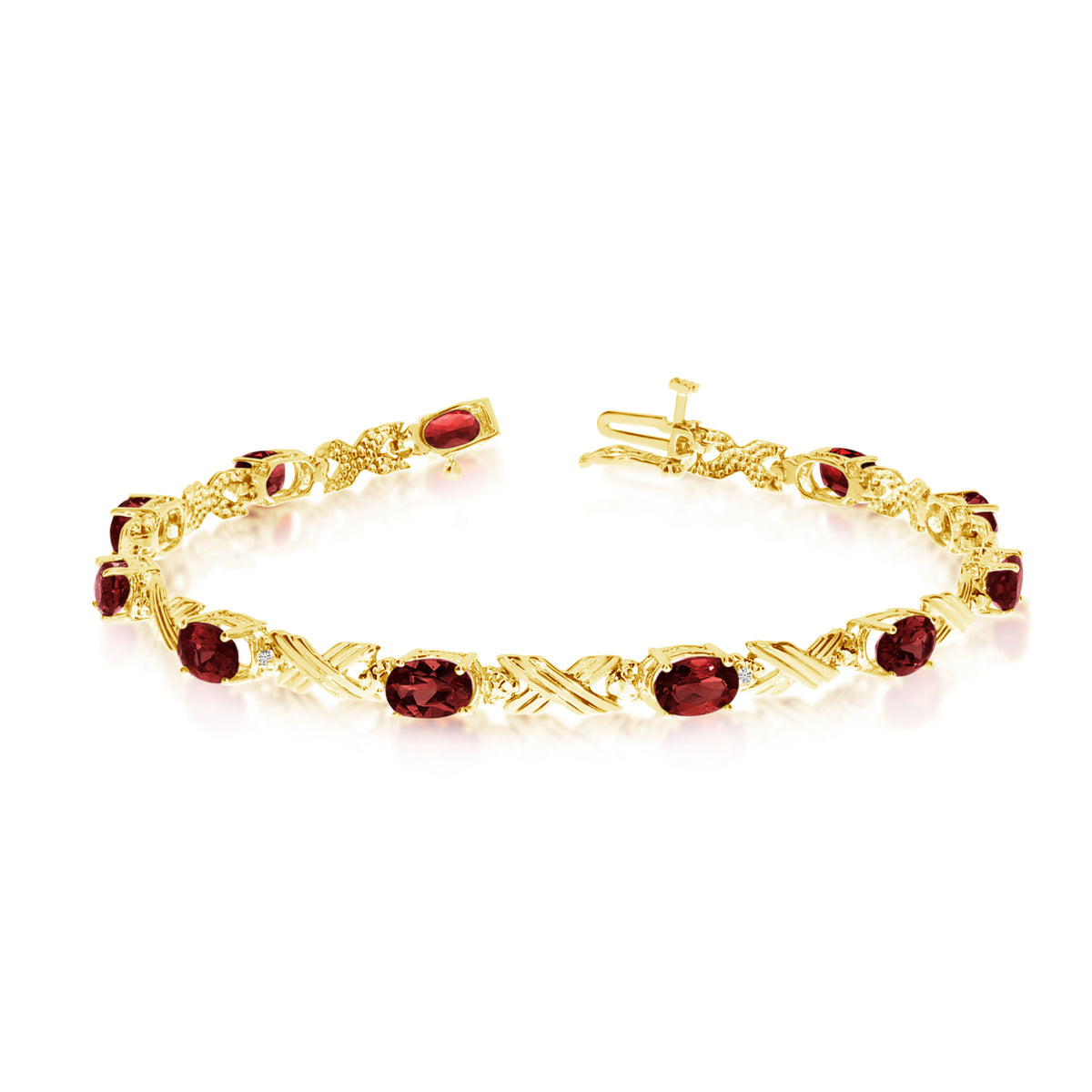 14K Yellow Gold Oval Garnet Stones And Diamonds Tennis Bracelet, 7" fine designer jewelry for men and women