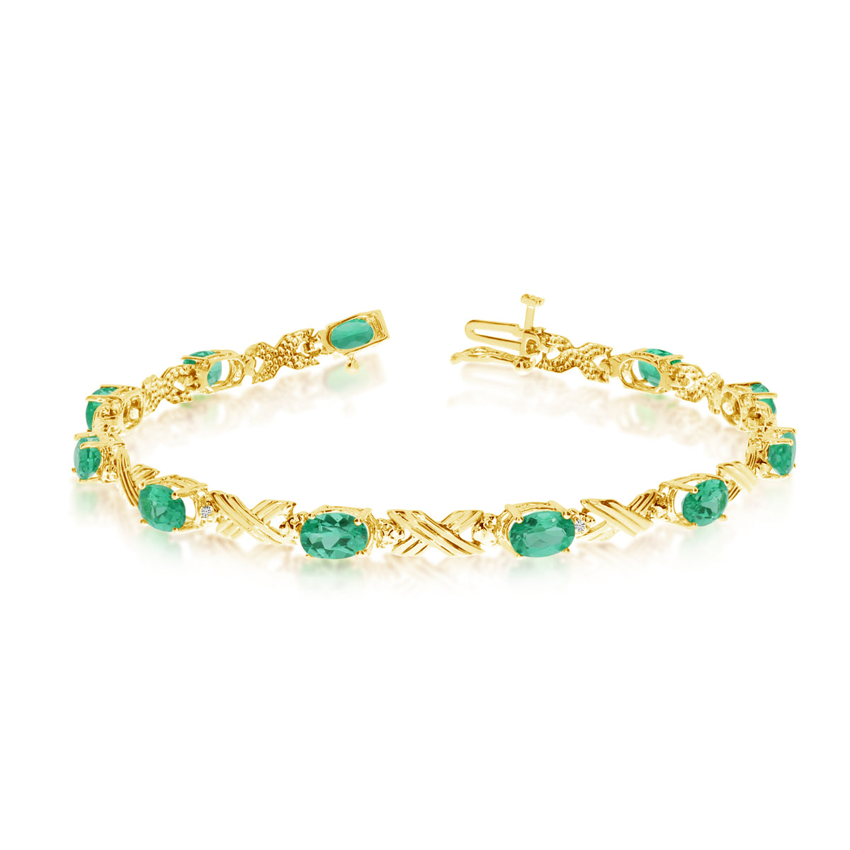 14K Yellow Gold Oval Emerald Stones And Diamonds Tennis Bracelet, 7" fine designer jewelry for men and women