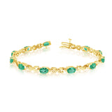 14K Yellow Gold Oval Emerald Stones And Diamonds Tennis Bracelet, 7"