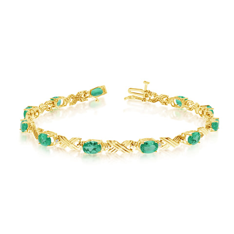 14K Yellow Gold Oval Emerald Stones And Diamonds Tennis Bracelet, 7"