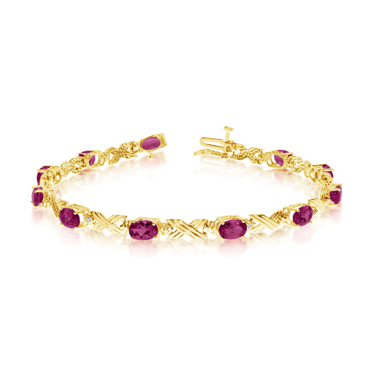 14K Yellow Gold Oval Ruby Stones And Diamonds Tennis Bracelet, 7" fine designer jewelry for men and women