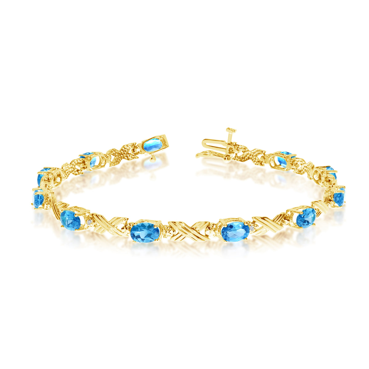 14K Yellow Gold Oval Blue Topaz Stones And Diamonds Tennis Bracelet, 7" fine designer jewelry for men and women