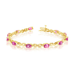 Bracelet de tennis ovale en or jaune 14 carats avec pierres de topaze rose et diamants, bijoux de créateur fins de 7 pouces pour hommes et femmes