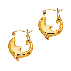 14K Yellow Gold Shiny Small Dolphin Hoop Earrings, Diameter 16mm fine designer jewelry for men and women