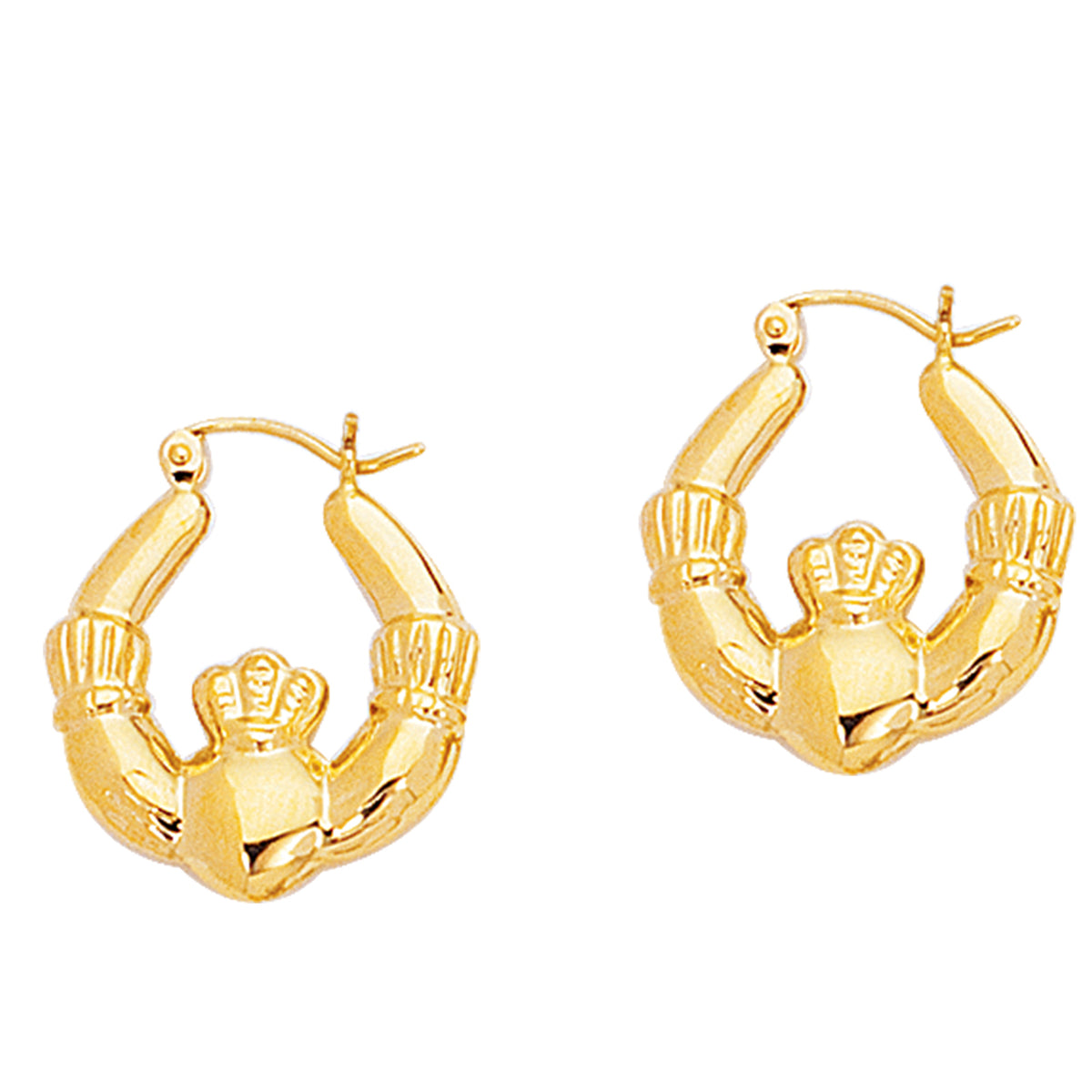 14k Gold Shiny Claddagh Design Hoop Earrings, Diameter 20mm