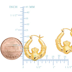 14k Gold Shiny Claddagh Design Hoop Earrings, Diameter 20mm