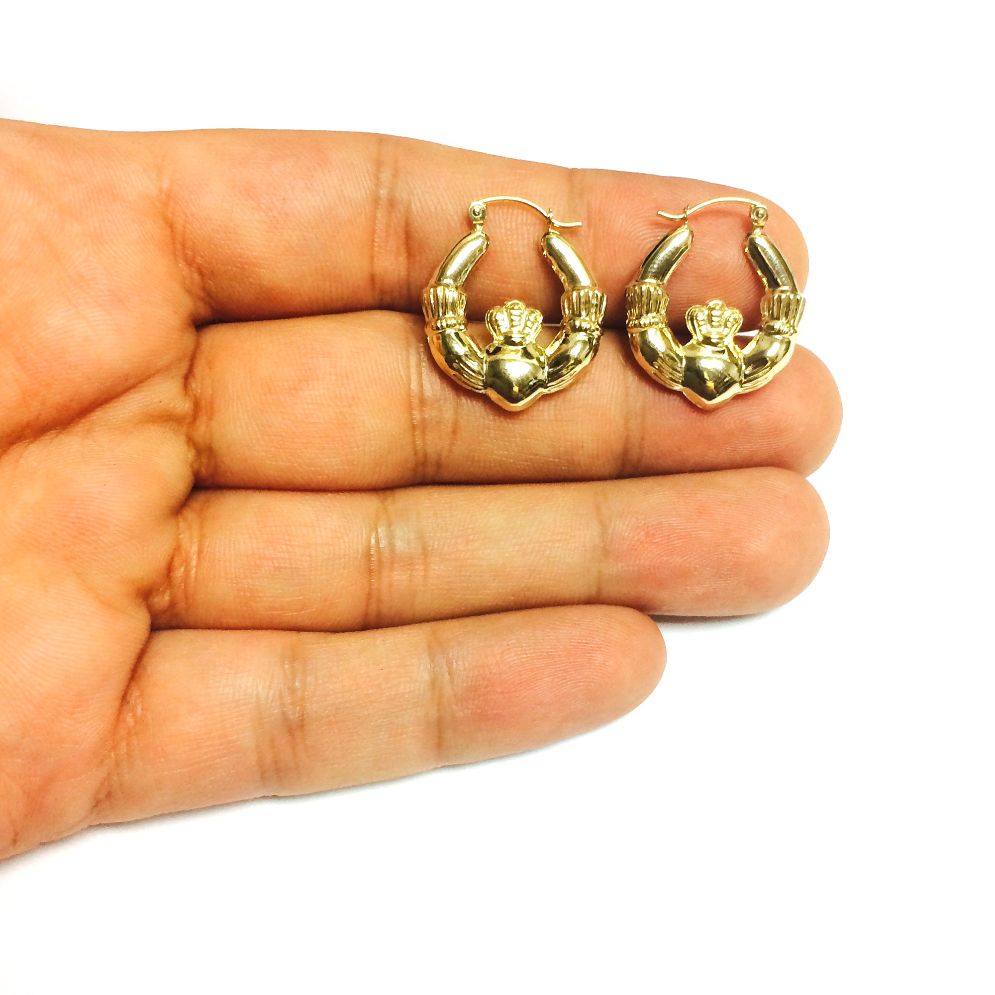 14k Gold Shiny Claddagh Design Hoop Earrings, Diameter 20mm fine designer jewelry for men and women