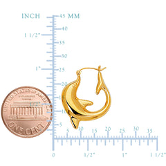 14K Yellow Gold Shiny Dolphin Hoop Earrings, Diameter 22mm