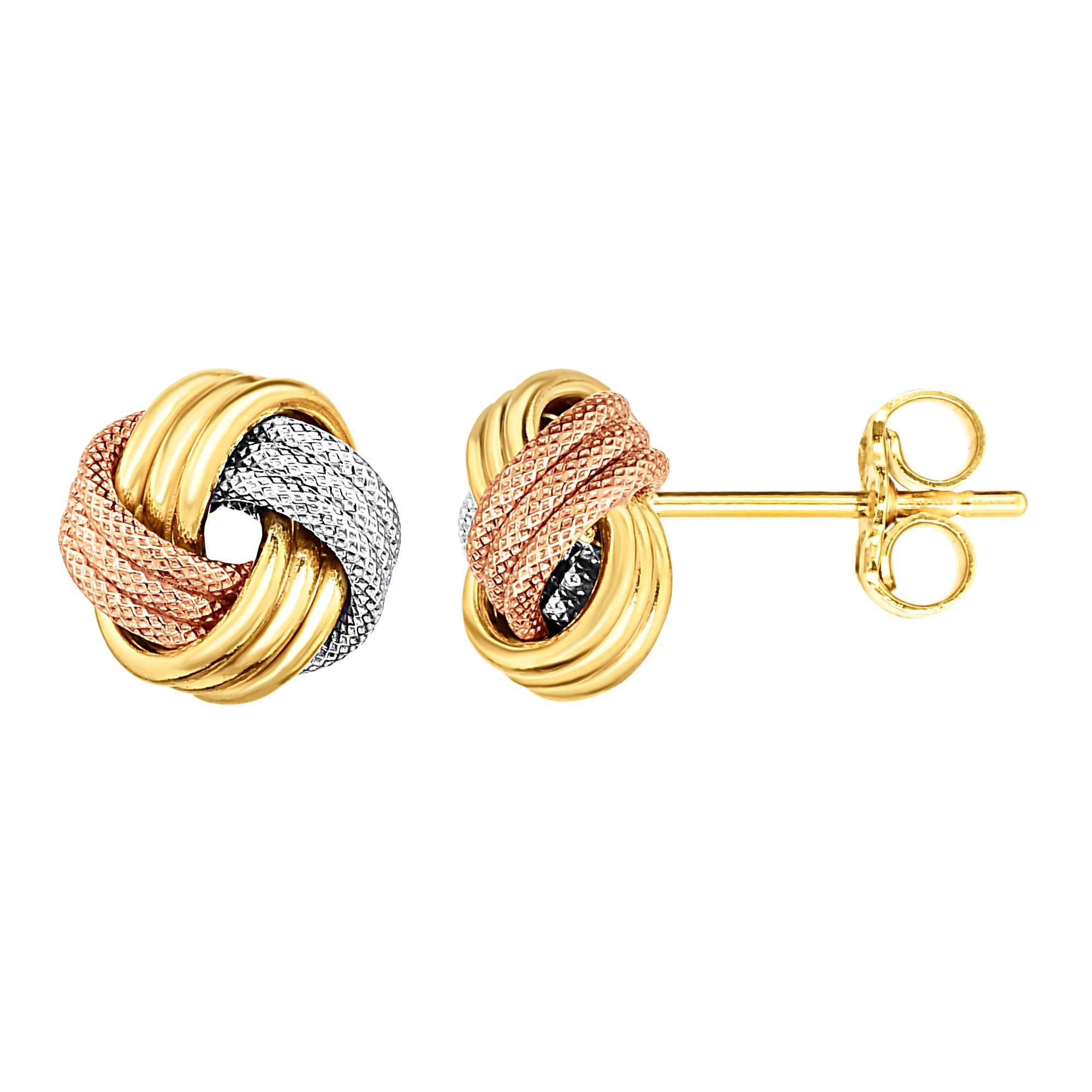 Boucles d'oreilles nœud d'amour tricolore 14 carats, finition brillante et texturée, bijoux de créateur fins de 9 mm pour hommes et femmes