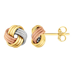 Boucles d'oreilles nœud d'amour tricolore 14 carats, finition brillante et texturée, bijoux de créateur fins de 9 mm pour hommes et femmes