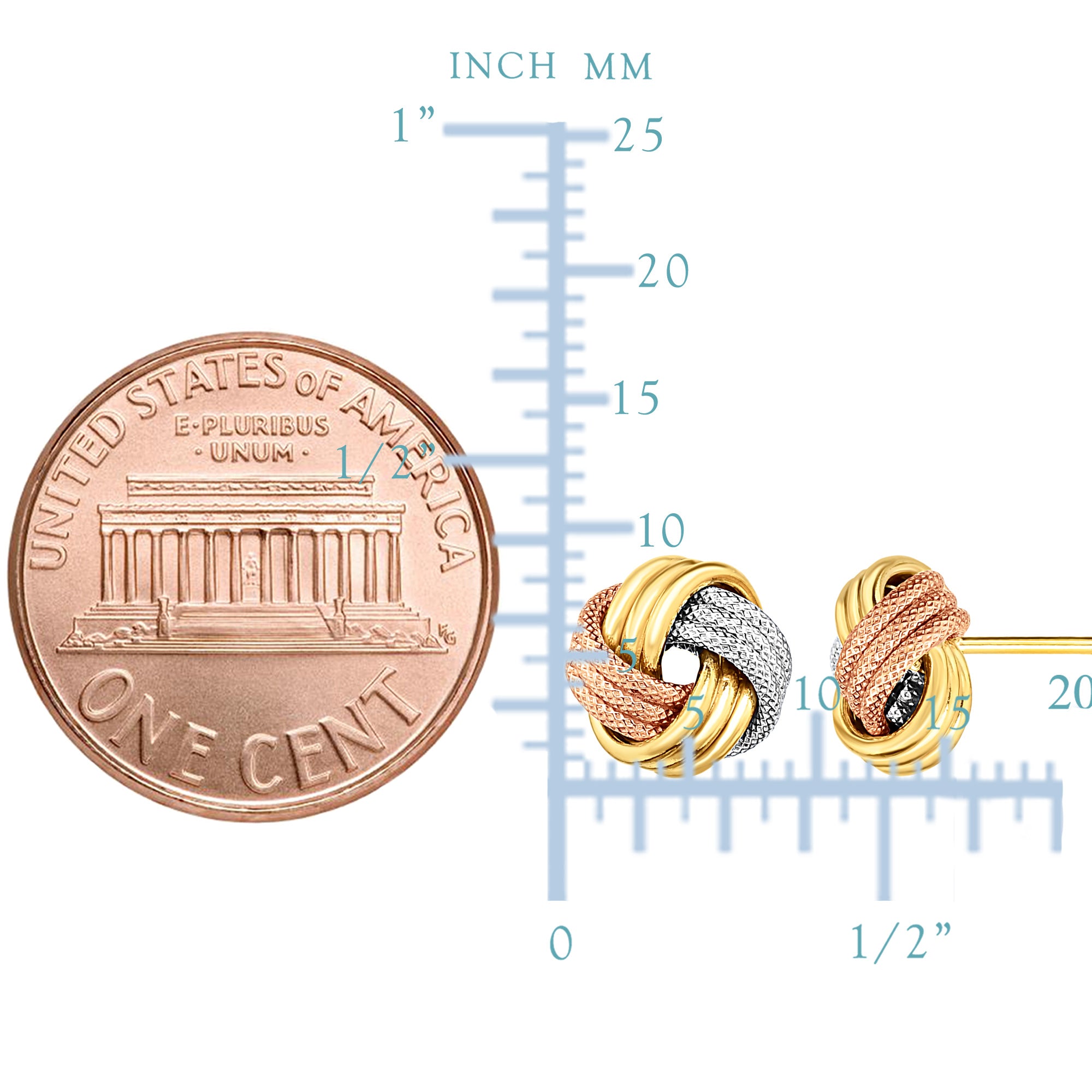 14K tricolor skinnende og teksturert finish kjærlighetsknute øredobber, 9 mm fine designersmykker for menn og kvinner