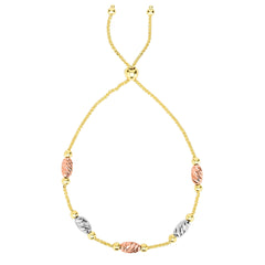 Tricolor Diamond Cut Oval Bead Stations Bolo Friendship Adjustable Bracelet In 14K Gold, 9.25"