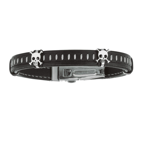 Mens Dark Leather Bracelet With Stainless Steel Skulls And Deployment Clasp, 8.5"