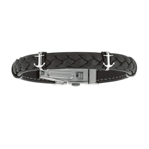 Mens Breaded Dark Leather Bracelet With Stainless Steel Ancors And Deployment Clasp, 8.5"