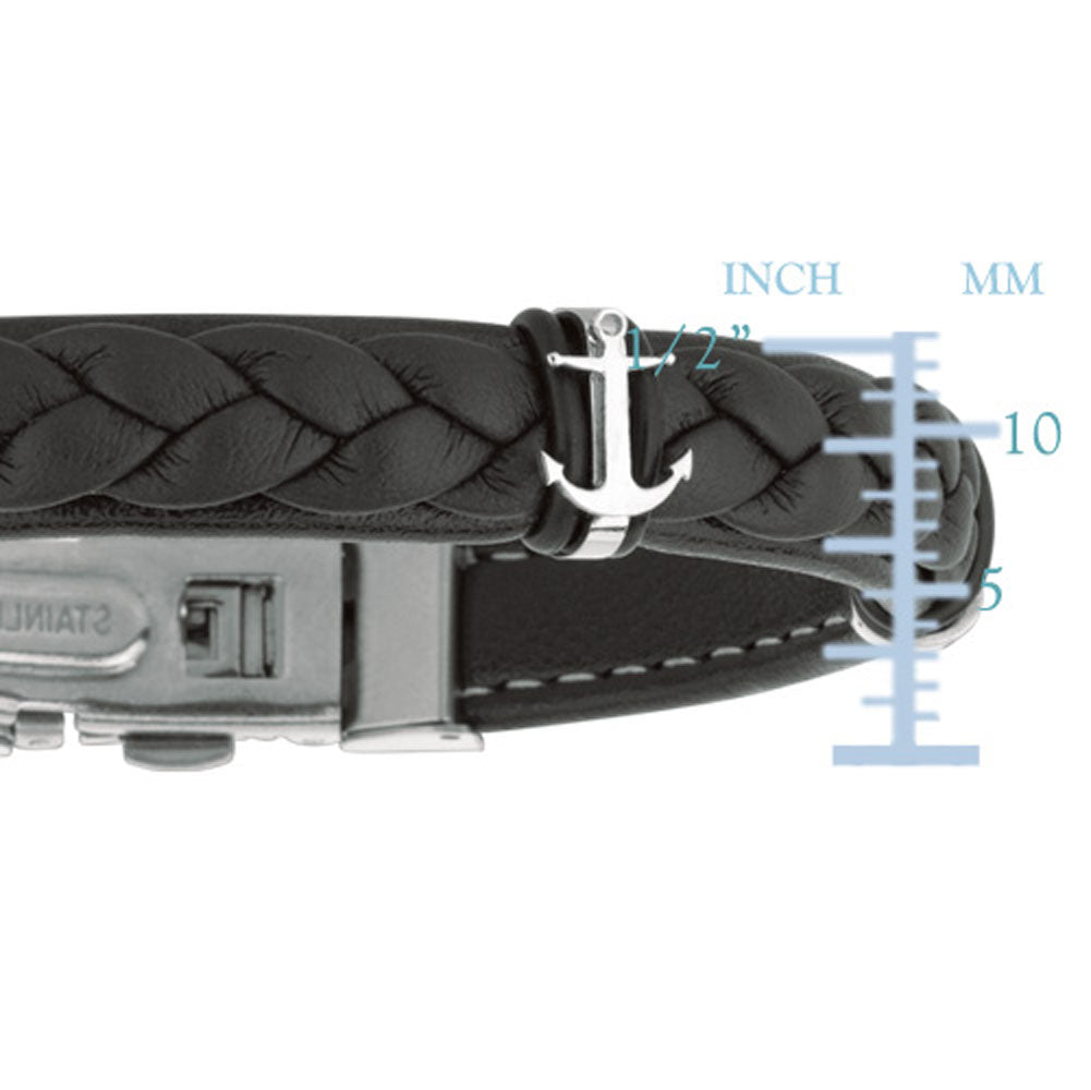 Bracciale da uomo in pelle scura impanata con ancore in acciaio inossidabile e chiusura deployante, gioielleria raffinata da 8,5" per uomini e donne