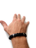 Mens Breaded Dark Leather Bracelet With Stainless Steel Ancors And Deployment Clasp, 8.5"