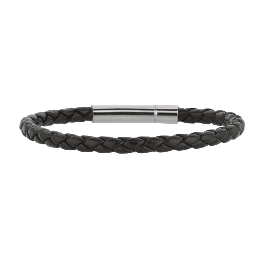 Bracelet en cuir noir pané pour hommes avec acier inoxydable, bijoux de créateurs fins de 7,5 pouces pour hommes et femmes