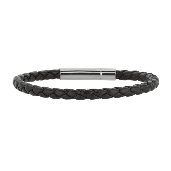 Mens Breaded Black Leather Bracelet With Stainless Steel, 7.5"