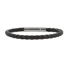 Mens Breaded Black Leather Bracelet With Stainless Steel, 7.5" fine designer jewelry for men and women
