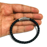 Mens Breaded Black Leather Bracelet With Stainless Steel, 7.5"