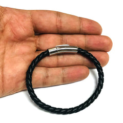 Mens Breaded Black Leather Bracelet With Stainless Steel, 7.5" fine designer jewelry for men and women