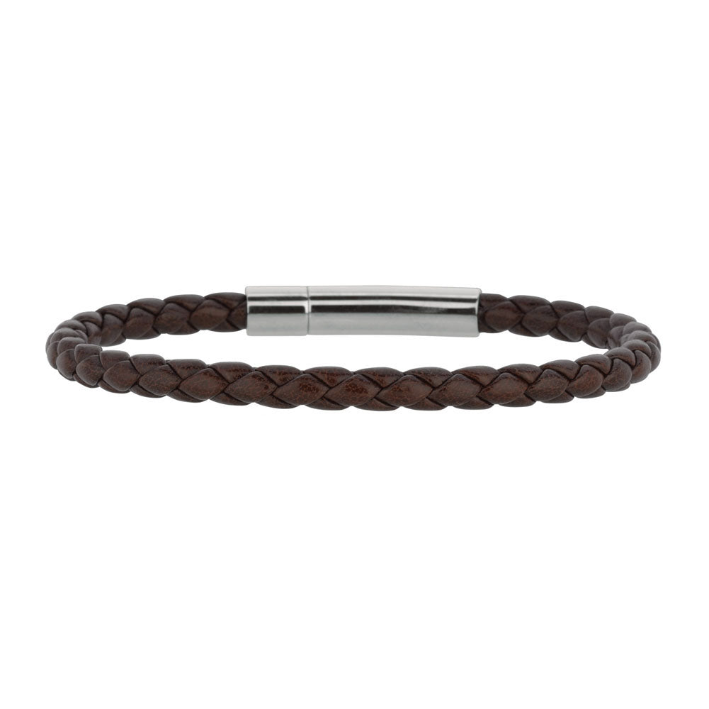 Mens Breaded Brown Leather Bracelet With Stainless Steel, 7.5"