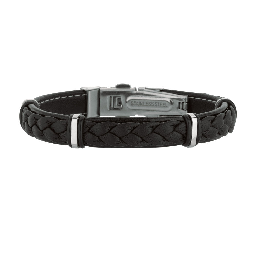 Mens Breaded Dark Leather Bracelet With Stainless Steel And Deployment Clasp, 8.5"