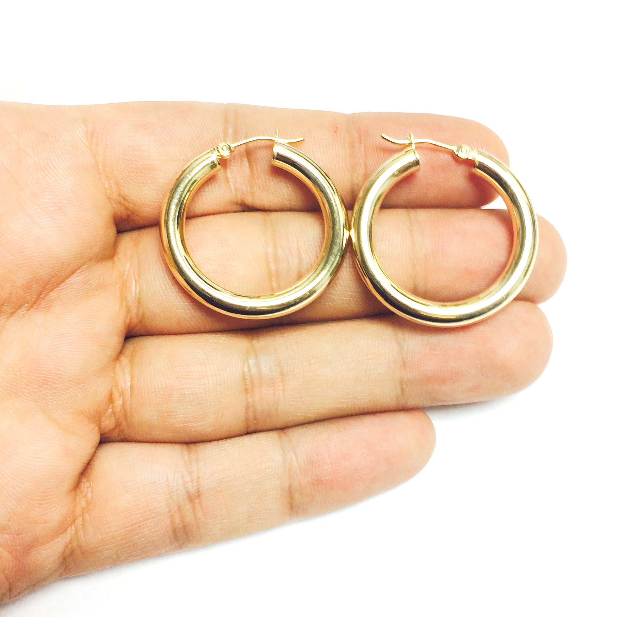 14K Yellow Gold 4MM Shiny Round Tube Hoop Earrings fine designer jewelry for men and women
