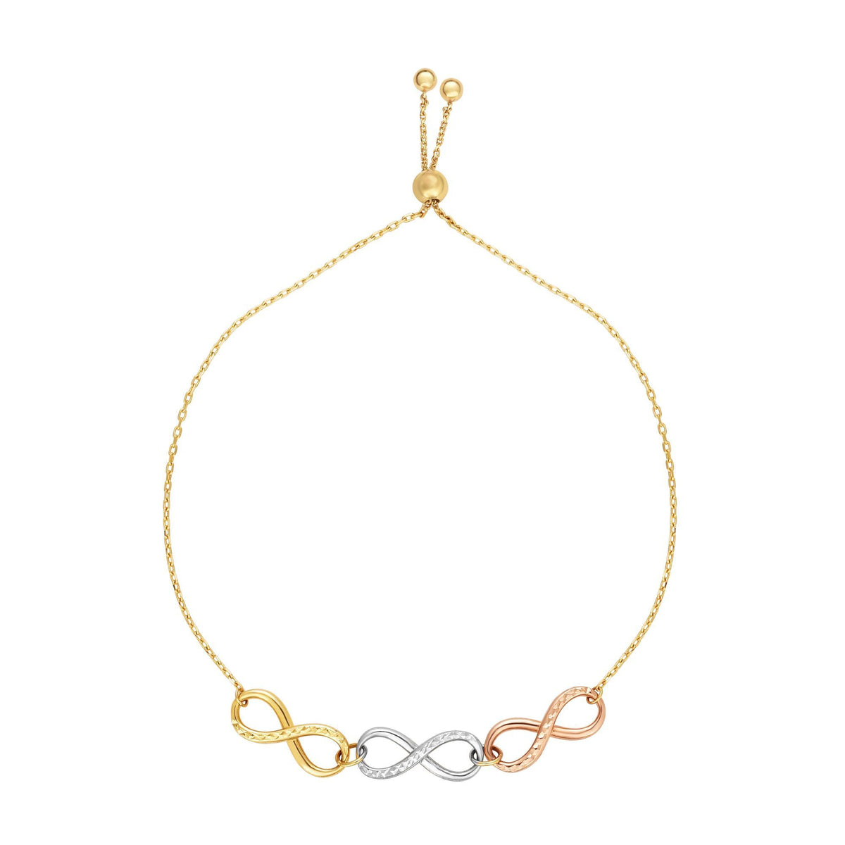 Bracciale regolabile con ciondoli Infinity in oro tricolore 14k, gioielli di design da 9,25" per uomini e donne